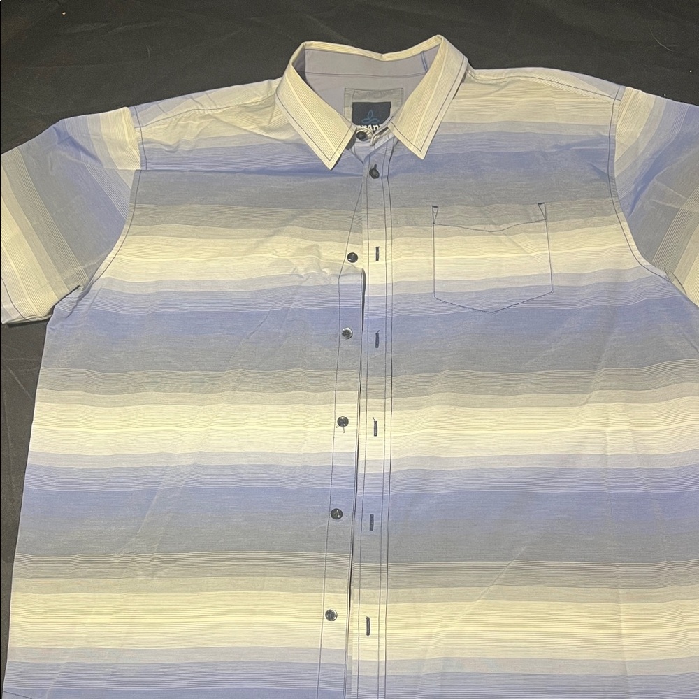 Prana Mens XXL Short Sleeve Button Down Shirt Blue Grey Striped Hiking Casual
